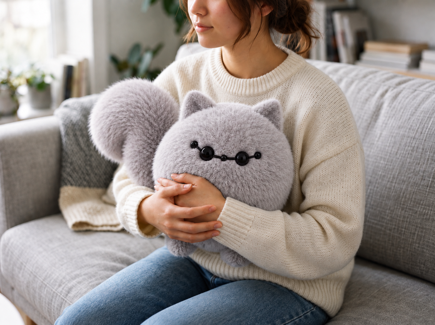 A person in a knit sweater on a sofa, hugging ANIMA Mini to their chest