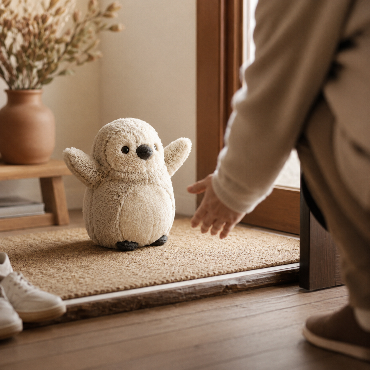 Pengu greeting its person as they return home