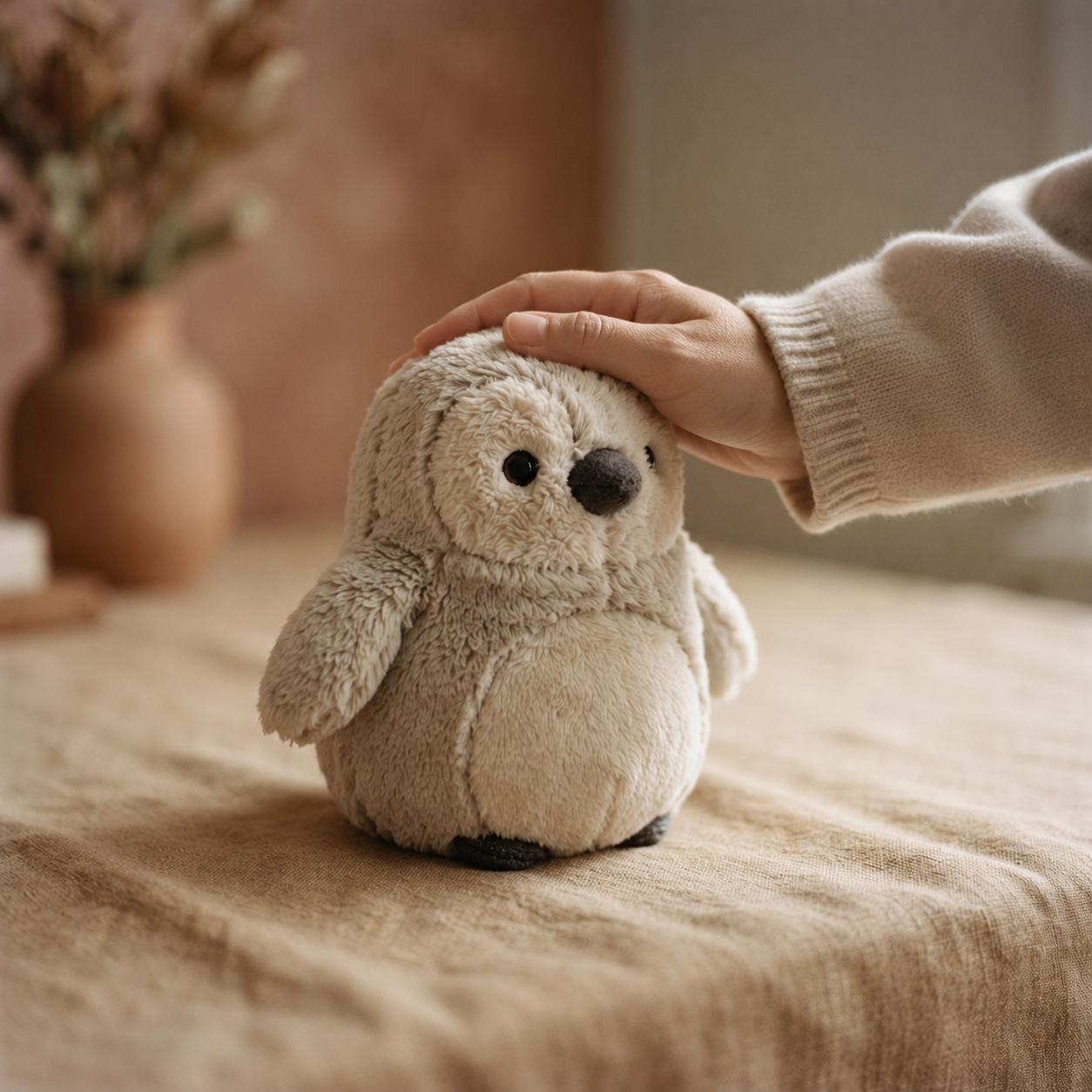 A person gently resting a hand on Pengu